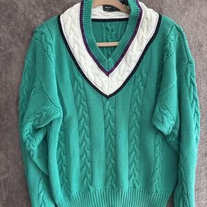 Vintage Marc Lewis Cable Knit Sweater M Grandpa Kelly Green Tenniscore Preppy